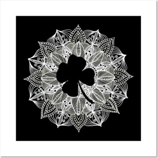 White Mandala Circle Four Leaf Clover Posters and Art